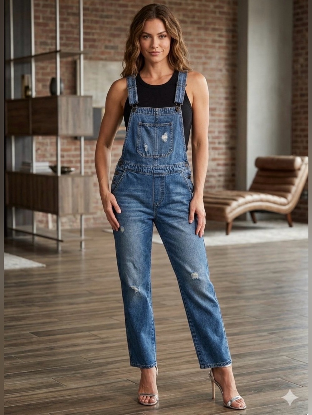 Hollister Distressed Mid-Blue Denim Overalls for Women